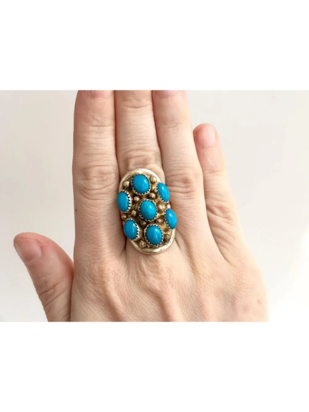 Navajo Sleeping Beauty Turquoise Cluster Sterling Silver 925 Vintage Ring - sz 8
